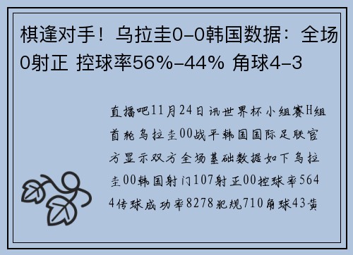 棋逢对手！乌拉圭0-0韩国数据：全场0射正 控球率56%-44% 角球4-3