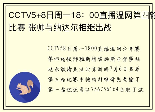 CCTV5+8日周一18：00直播温网第四轮比赛 张帅与纳达尔相继出战