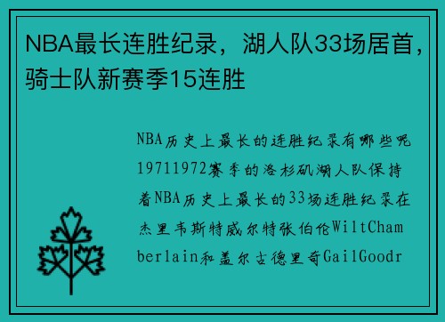 NBA最长连胜纪录，湖人队33场居首，骑士队新赛季15连胜